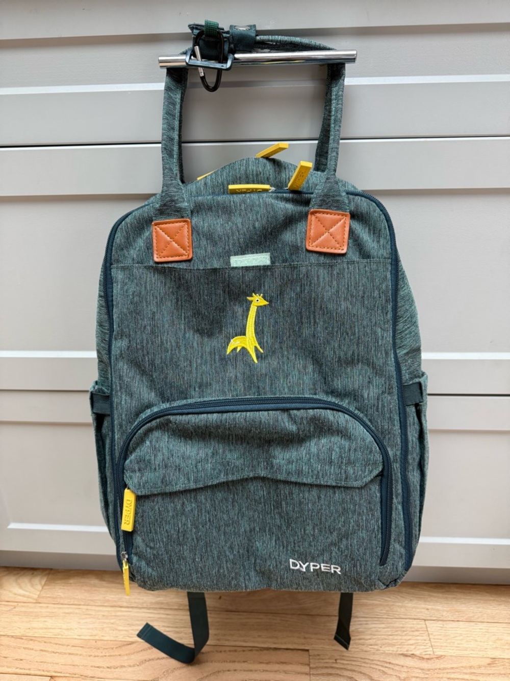 Dyper Baby Backpack Grey-Green with Yellow Giraffe Accent
